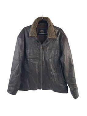 Weatherproof Brown Leather Jacket Sherpa Collar Full Zip 2 Pockets Sz XL